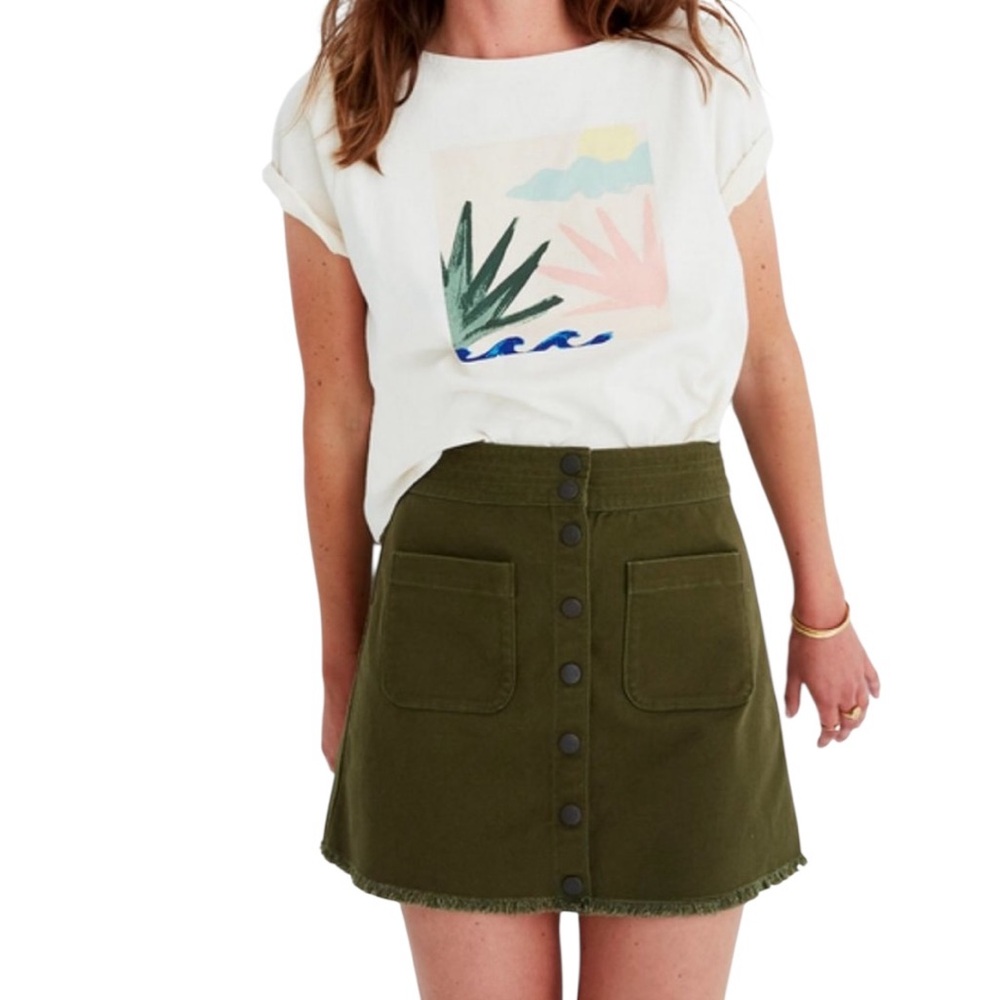 Madewell Raw-Hem Button-Front A-Line Mini Skirt in Kale NWT